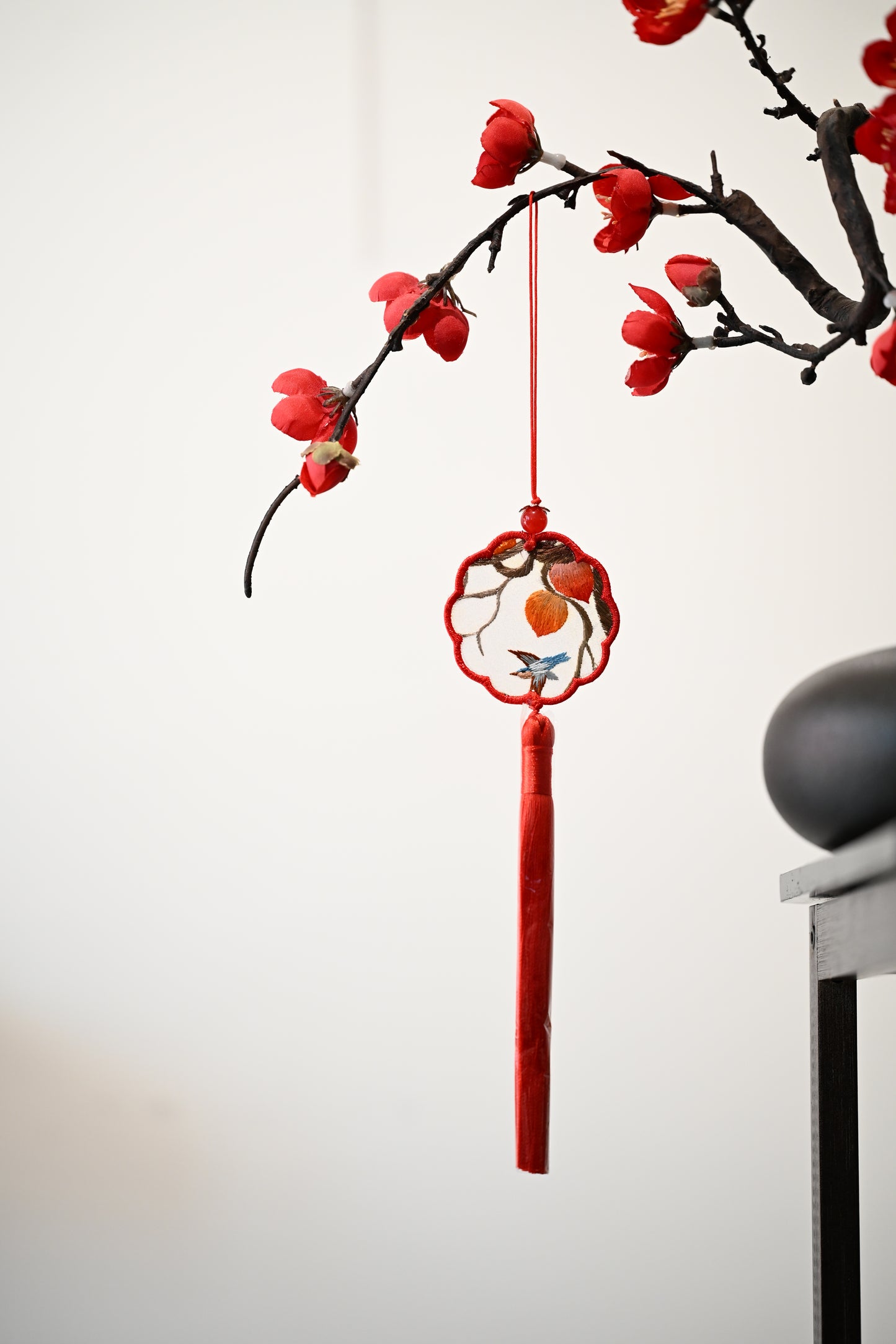 迷你雙面繡掛飾-鳥與桃