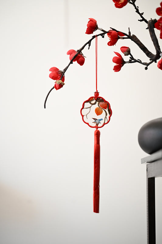 迷你雙面繡掛飾-鳥與桃