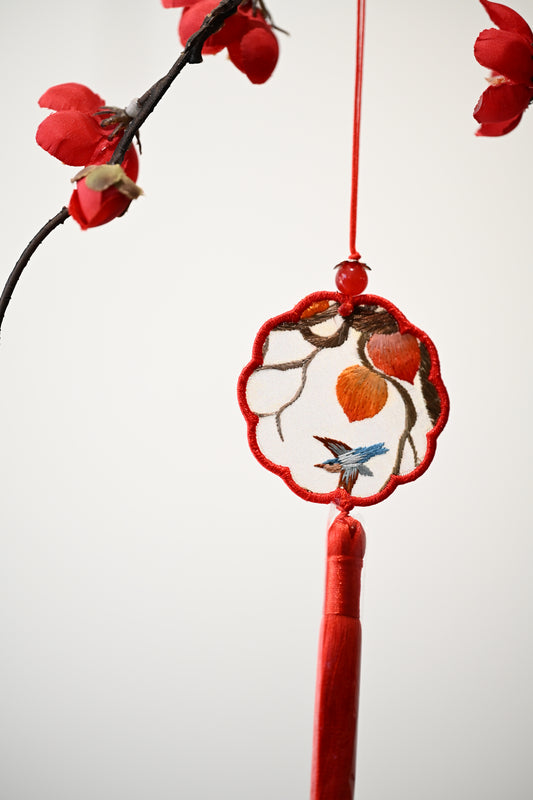 迷你雙面繡掛飾-鳥與桃