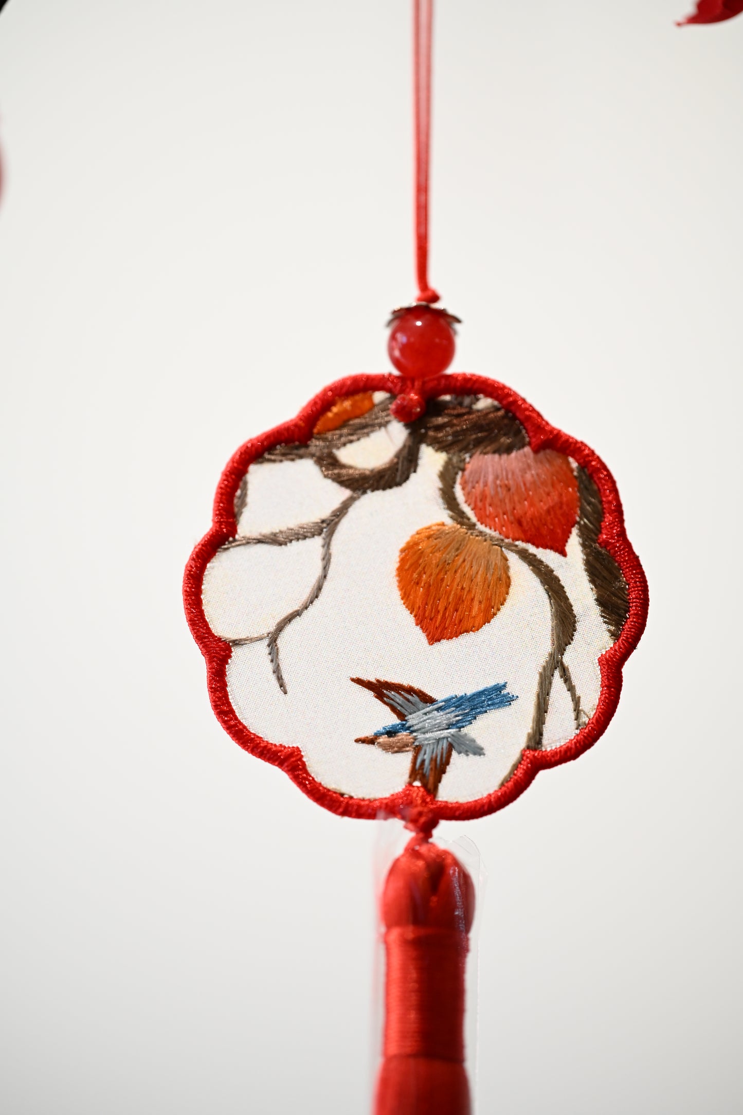 迷你雙面繡掛飾-鳥與桃